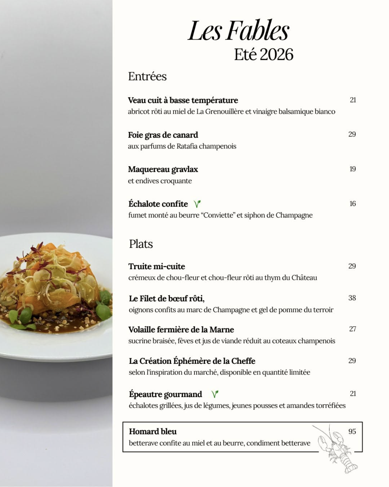 Menu à la carte été 2026